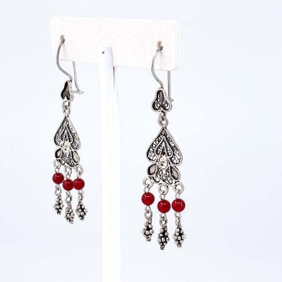 Vintage Sterling Silver 925 Carnelian Dangle Earrings | Boho Chandelier - Picture 4 of 8